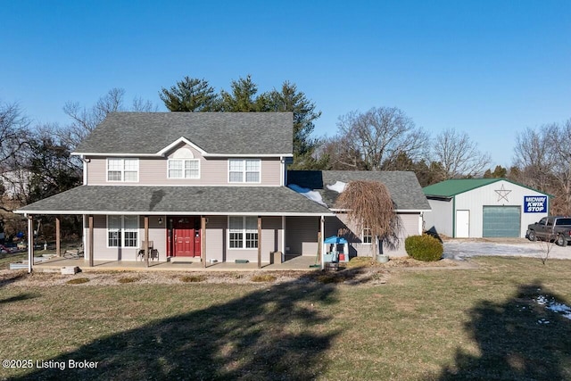 farmhouse-style home featuring a garage, a patio area, an outbuilding, covered porch, and a front lawn