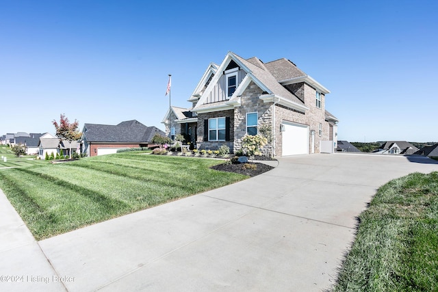 craftsman-style home with a garage and a front lawn