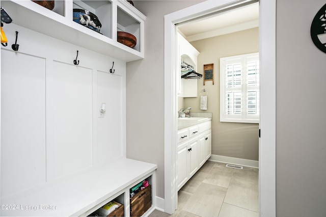 mudroom featuring crown molding and sink