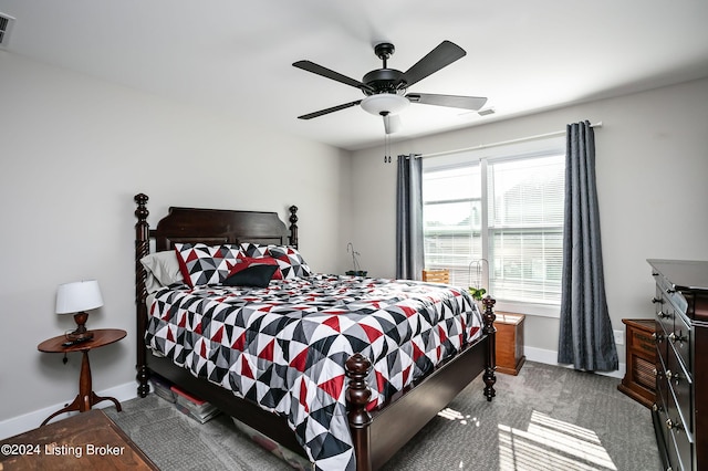 carpeted bedroom featuring ceiling fan