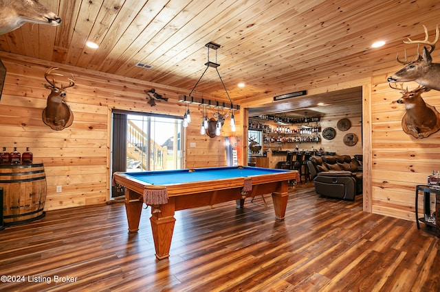 playroom featuring dark wood-type flooring, bar, and wood ceiling