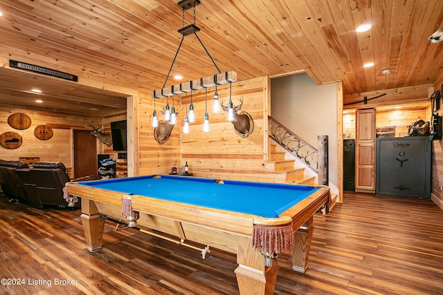 game room featuring hardwood / wood-style floors, pool table, wooden walls, and wooden ceiling