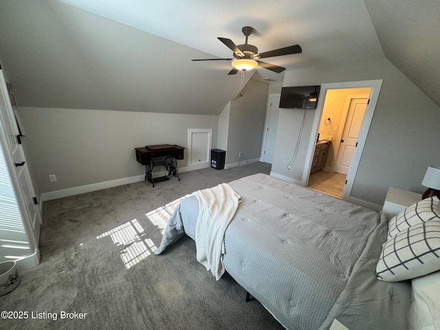 bedroom featuring vaulted ceiling, ceiling fan, light colored carpet, and baseboards