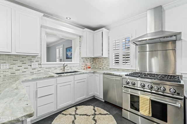 kitchen with sink, white cabinetry, stainless steel appliances, light stone counters, and exhaust hood