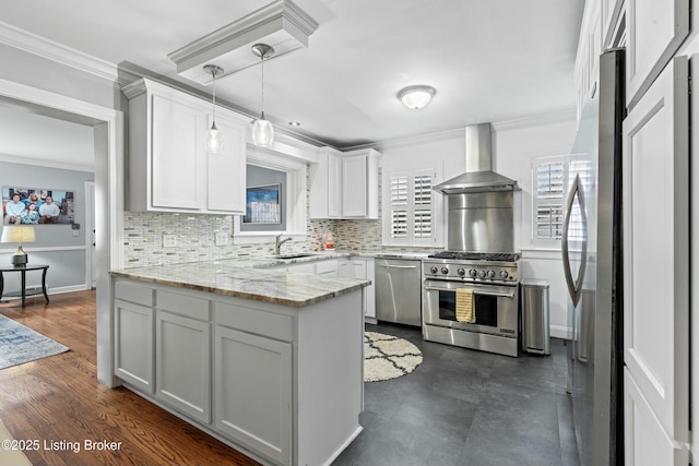 kitchen with wall chimney exhaust hood, kitchen peninsula, pendant lighting, stainless steel appliances, and white cabinets