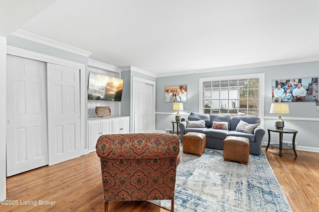 living room featuring ornamental molding and light hardwood / wood-style flooring