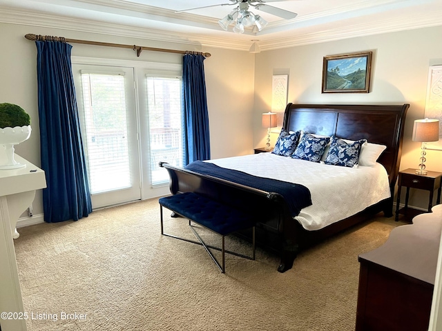 bedroom featuring crown molding, carpet, access to outside, and ceiling fan