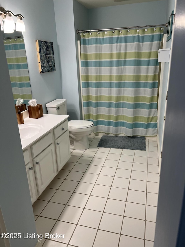 bathroom with vanity, tile patterned floors, and toilet