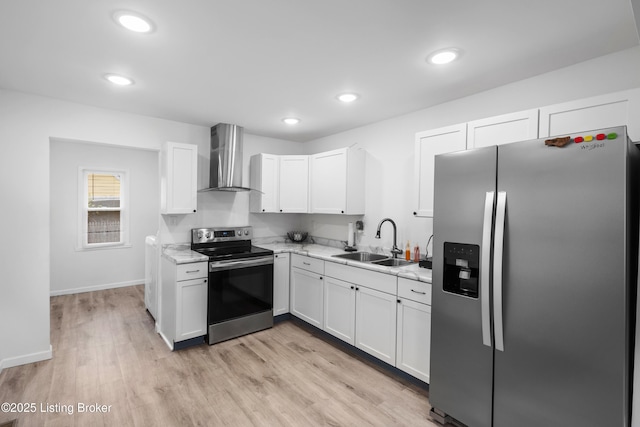 kitchen featuring sink, white cabinetry, light stone counters, stainless steel appliances, and wall chimney range hood