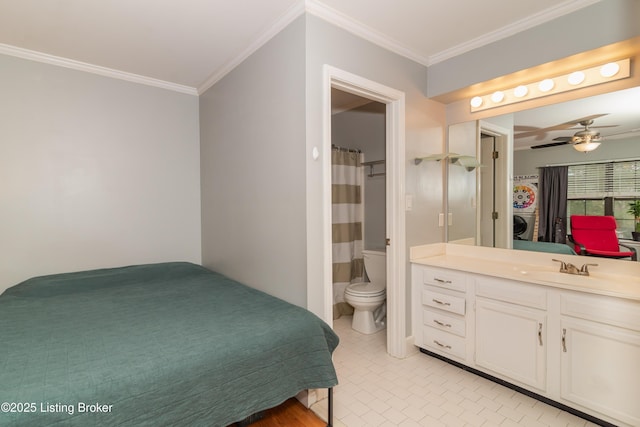 bedroom with ensuite bath, ornamental molding, and sink