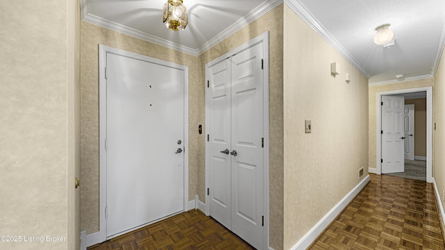 interior space with crown molding and dark parquet flooring