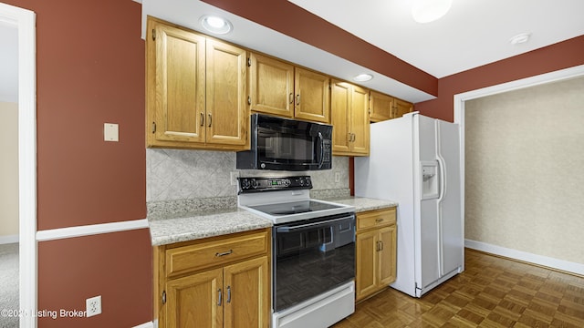 kitchen with white fridge with ice dispenser, backsplash, electric range, and dark parquet floors