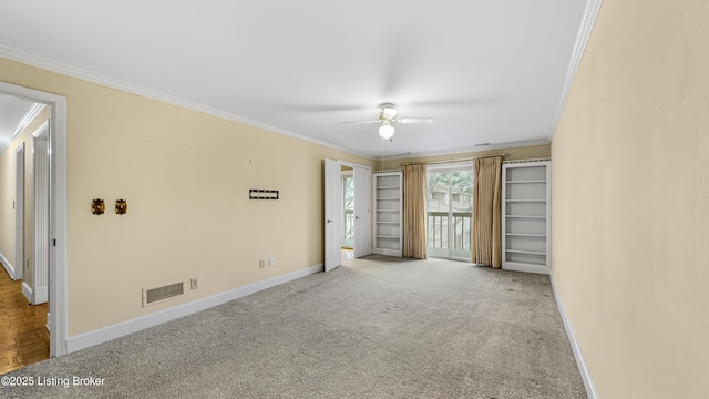 interior space featuring crown molding, light colored carpet, access to exterior, and ceiling fan