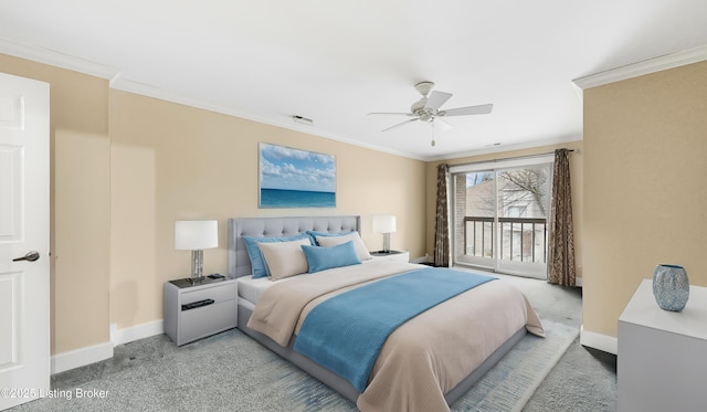 bedroom featuring crown molding, carpet floors, access to outside, and ceiling fan