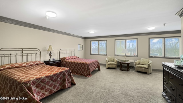 carpeted bedroom featuring crown molding