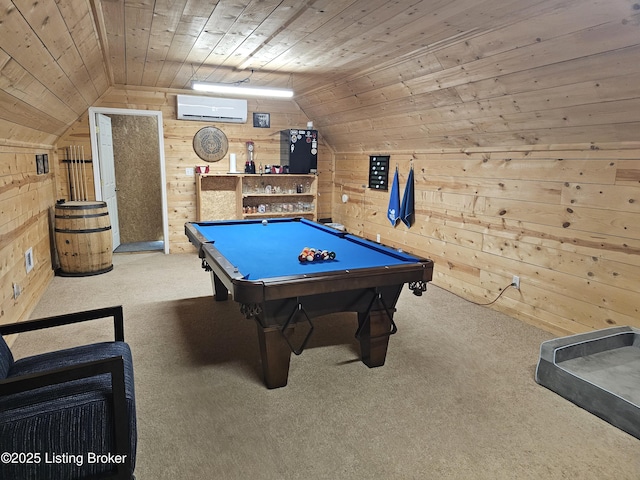 rec room featuring carpet, a wall mounted air conditioner, wooden ceiling, and wooden walls