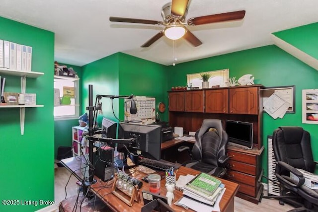 office space featuring ceiling fan and light hardwood / wood-style floors