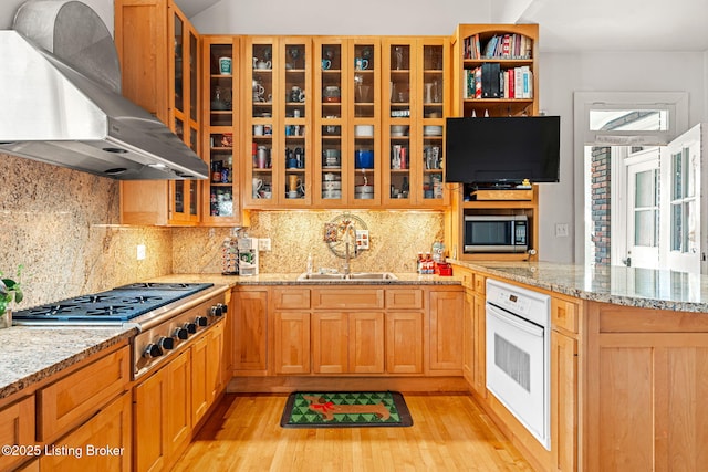 kitchen featuring appliances with stainless steel finishes, tasteful backsplash, light hardwood / wood-style floors, light stone countertops, and exhaust hood