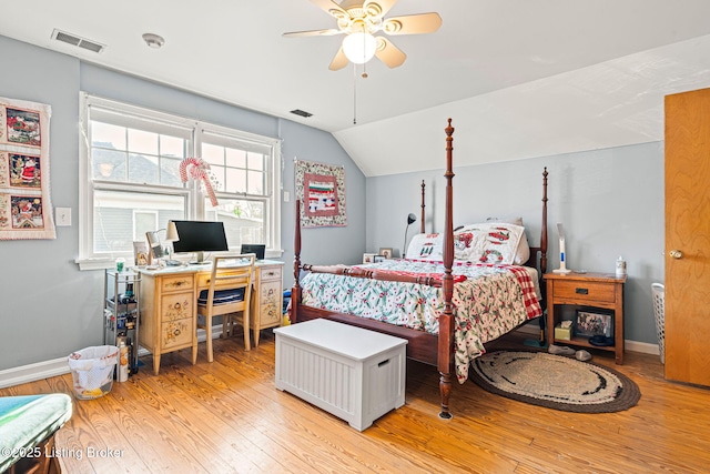 bedroom featuring vaulted ceiling, ceiling fan, and light hardwood / wood-style floors