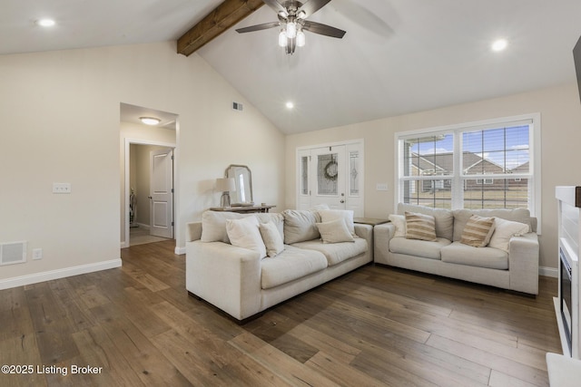 living room featuring beamed ceiling, ceiling fan, high vaulted ceiling, and dark hardwood / wood-style flooring