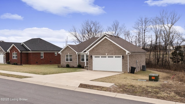 view of front of home featuring central AC unit, a garage, and a front lawn