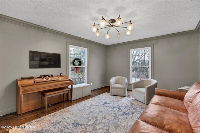 living room with a healthy amount of sunlight, a textured ceiling, and dark hardwood / wood-style flooring