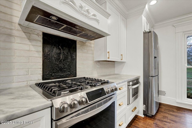 kitchen featuring premium range hood, appliances with stainless steel finishes, dark hardwood / wood-style floors, decorative backsplash, and white cabinets