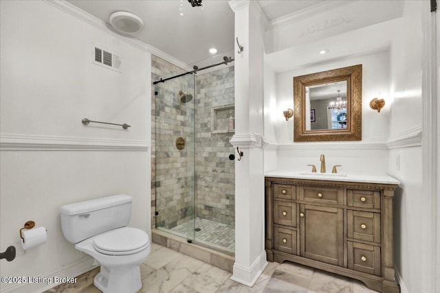 bathroom with an enclosed shower, crown molding, and toilet