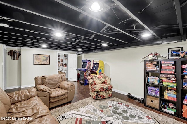 living room featuring dark wood-type flooring