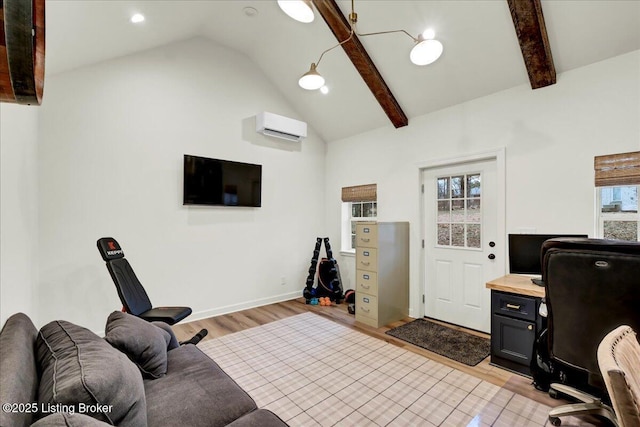 office area featuring beamed ceiling, high vaulted ceiling, light hardwood / wood-style floors, and an AC wall unit