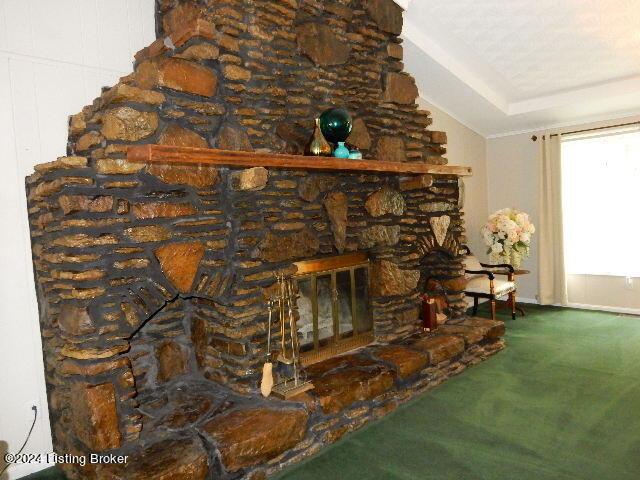 interior details featuring a stone fireplace and carpet flooring