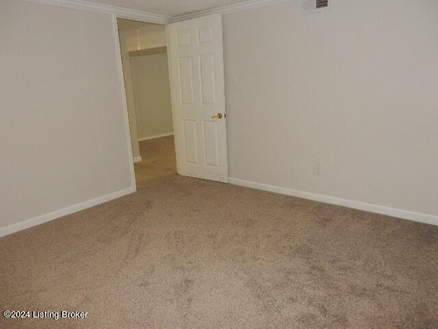 carpeted spare room featuring crown molding