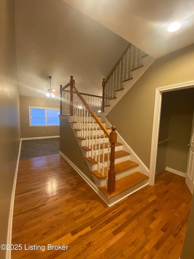 stairway with hardwood / wood-style flooring