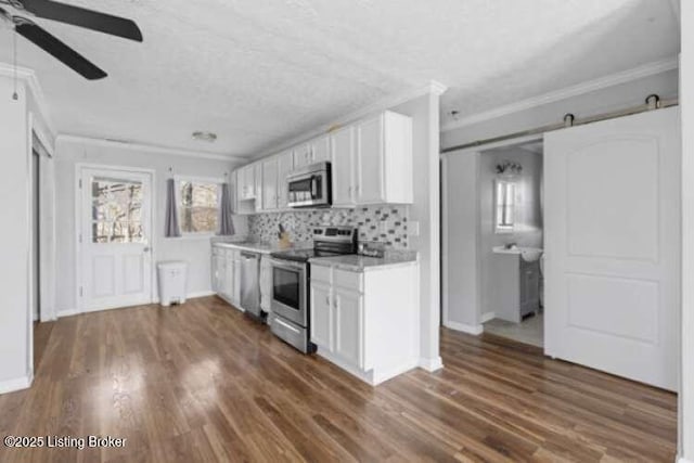 kitchen with stainless steel appliances, a barn door, dark hardwood / wood-style flooring, and white cabinets