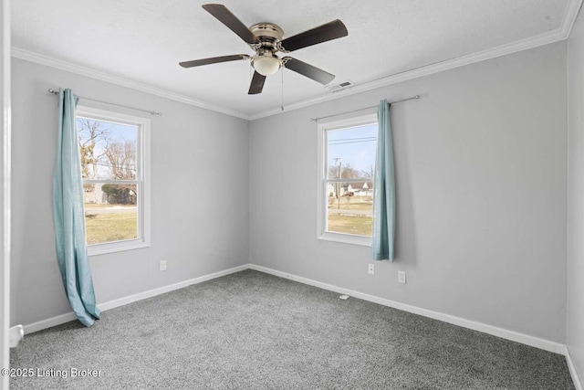 spare room with ceiling fan, ornamental molding, and carpet floors