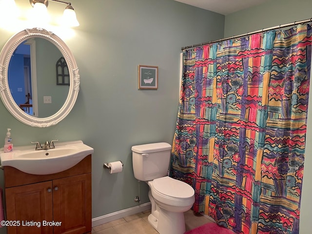 bathroom with tile patterned flooring, vanity, walk in shower, and toilet