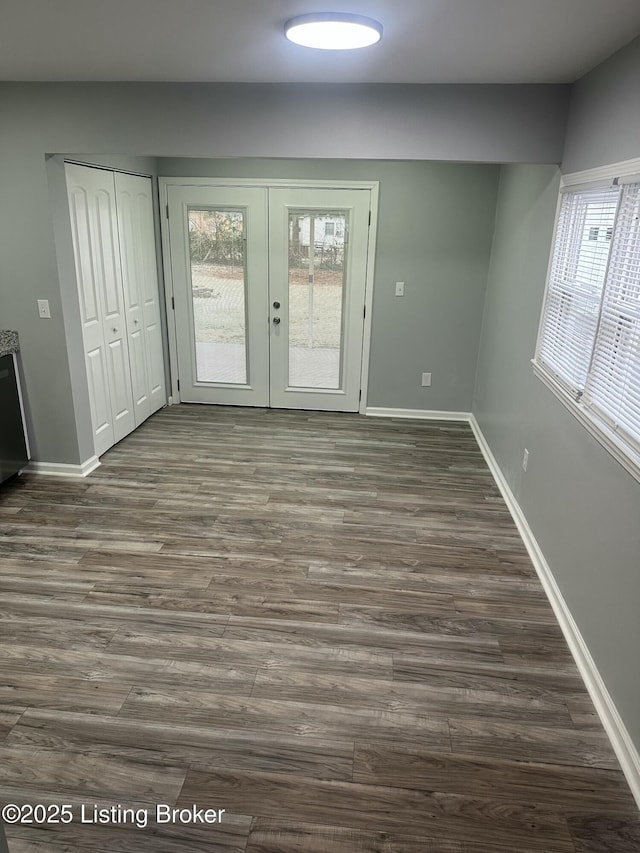 interior space featuring baseboards, dark wood-type flooring, and french doors