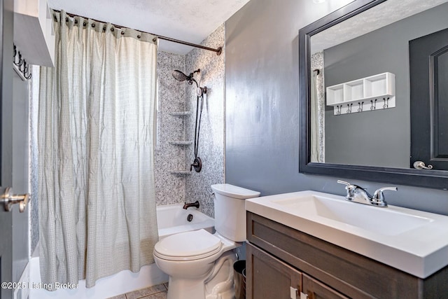 bathroom featuring toilet, shower / bath combo, a textured ceiling, and vanity