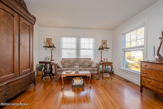 living room with a healthy amount of sunlight and light hardwood / wood-style floors