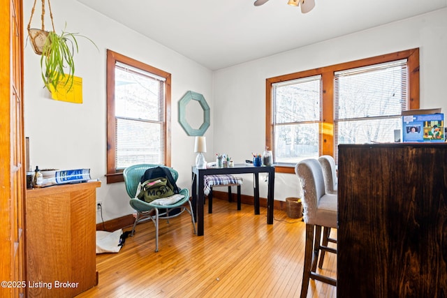 home office featuring ceiling fan and light hardwood / wood-style flooring