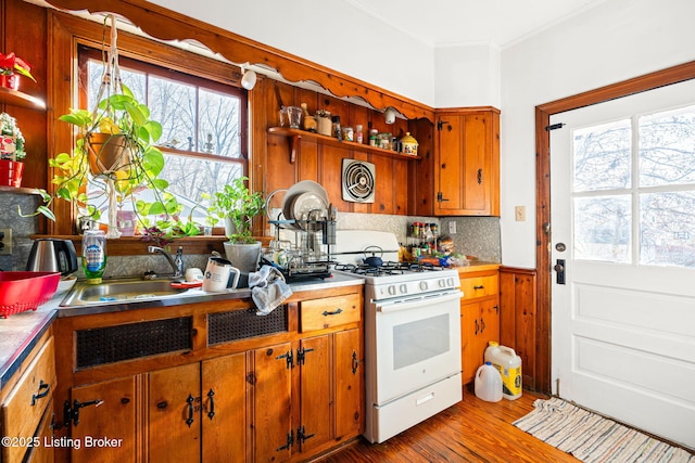 kitchen featuring sink, backsplash, gas range gas stove, crown molding, and light hardwood / wood-style flooring