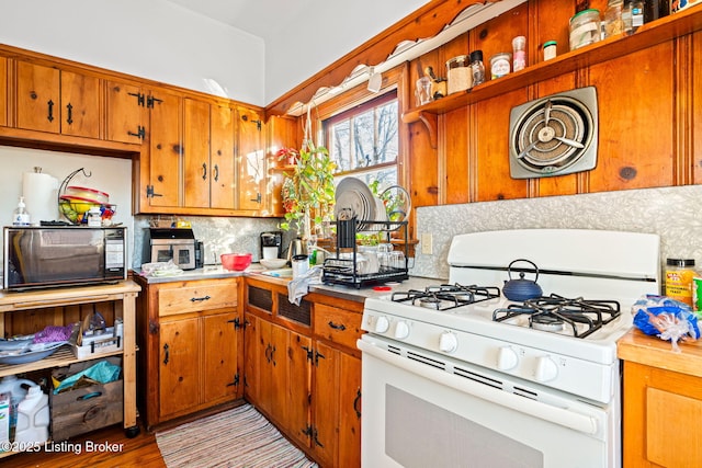 kitchen with tasteful backsplash and white gas range oven