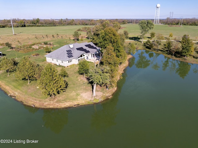 bird's eye view with a water view and a rural view