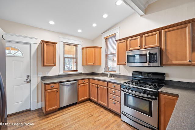 kitchen featuring appliances with stainless steel finishes, sink, and light hardwood / wood-style floors