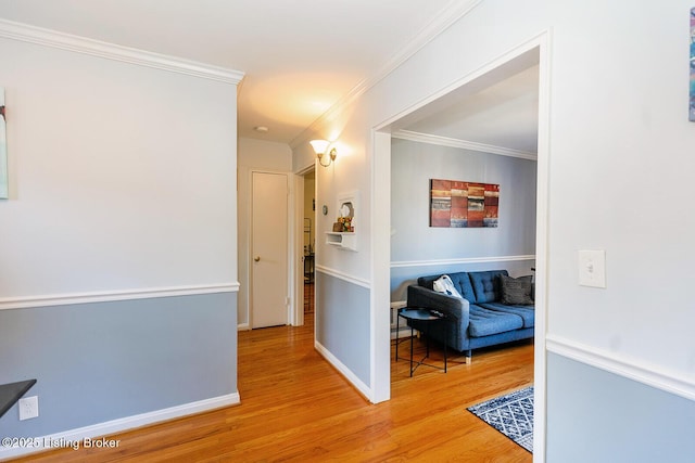 corridor featuring wood-type flooring and crown molding