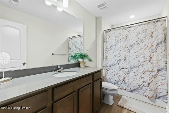 bathroom with vanity, toilet, and wood-type flooring