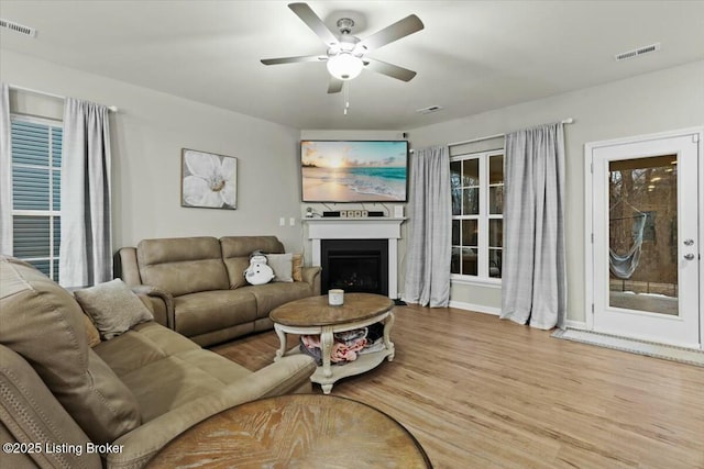 living room featuring ceiling fan and light hardwood / wood-style flooring