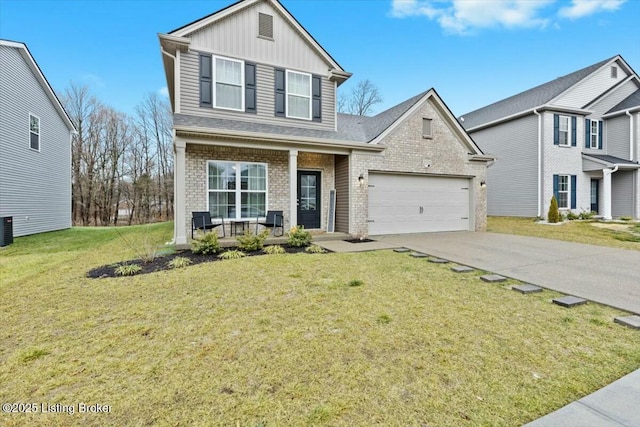 view of property featuring a garage, covered porch, a front lawn, and central air condition unit