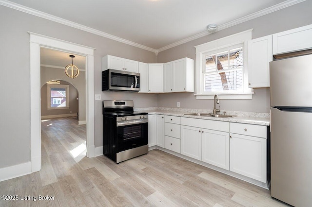 kitchen featuring white cabinetry, appliances with stainless steel finishes, sink, and light hardwood / wood-style flooring