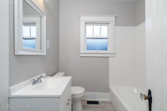 bathroom with vanity, wood-type flooring, and toilet